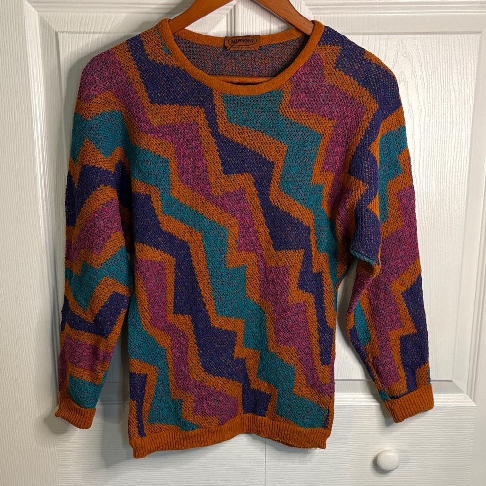 Missoni Multicolor Zigzag Crewneck Sweater in Orange Trim